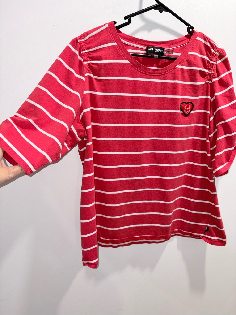 Karl Lagerfeld Kids Hot Pink & White Striped Short Sleeve Tee with Heart Patch